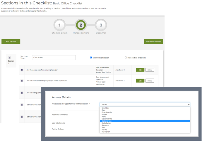 Health & Safety checklist builder, manage sections, questions and disclaimer