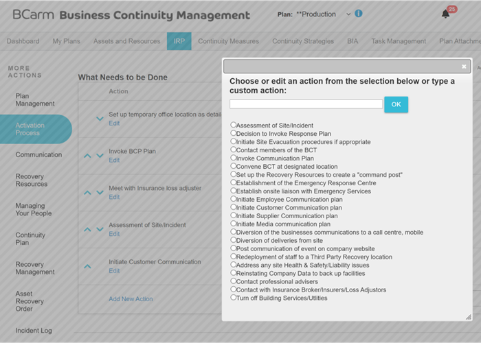 BCMS incident response plan activation process