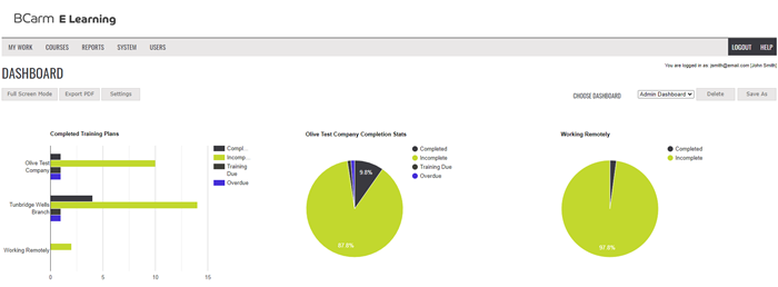 E-Learning reporting dashboard provides visibility on results and compliance