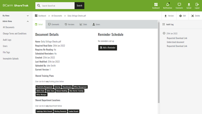 Document version updates, reminders and re-read timescales