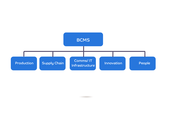 BCMS diagram, splits into production, supply chain, comms/IT infrastructure, innovation and people
